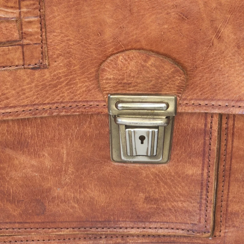 Vintage Brown Leather Briefcase: Handmade Moroccan Travel Bag, 1980s